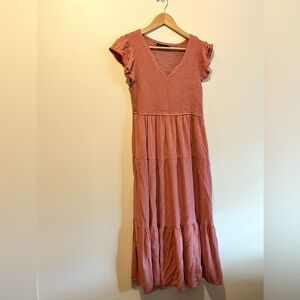 Merokeety Pink Ruffle Sleeve Dress tiered skirt smocked bodice ruffle sleeves LG